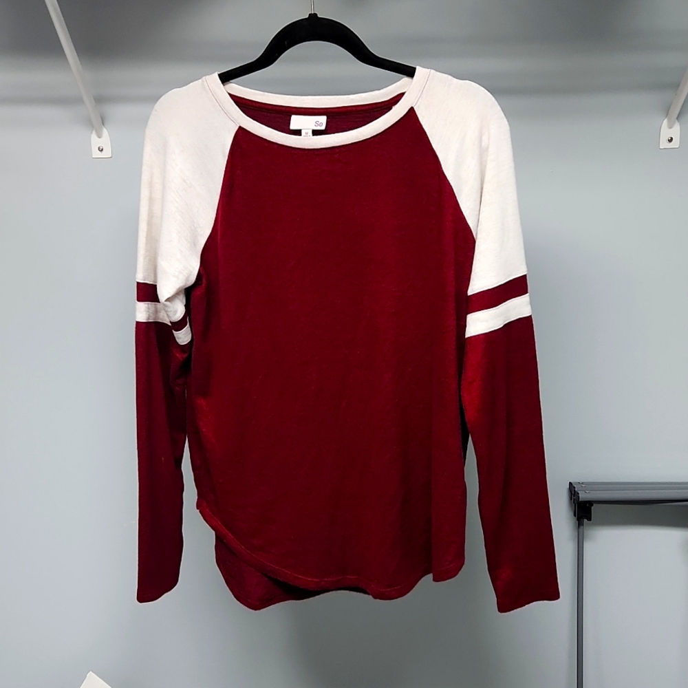SO long sleeve burgundy and cream casual top,  size medium